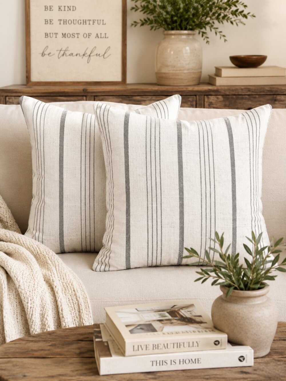 Sunlit Farmhouse Throw Pillow Covers Set of 2 Cream Gray Stripe 18x18 Textured